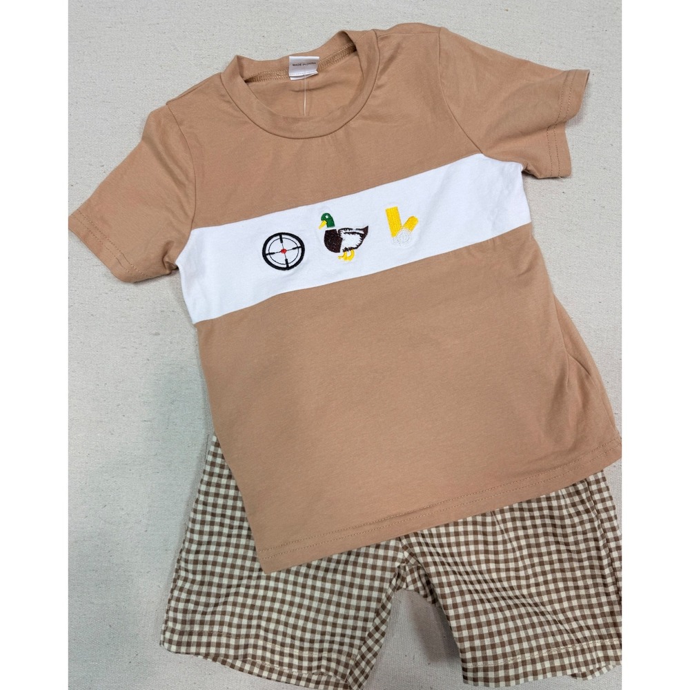 Kids Tan Mallard Duck Hunting T-Shirt and Gingham Shorts Set 3-4Y